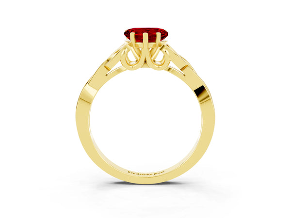 Yellow gold Heart Cut Ruby Solitaire Celtic Knot Ring with Four-Prong Setting