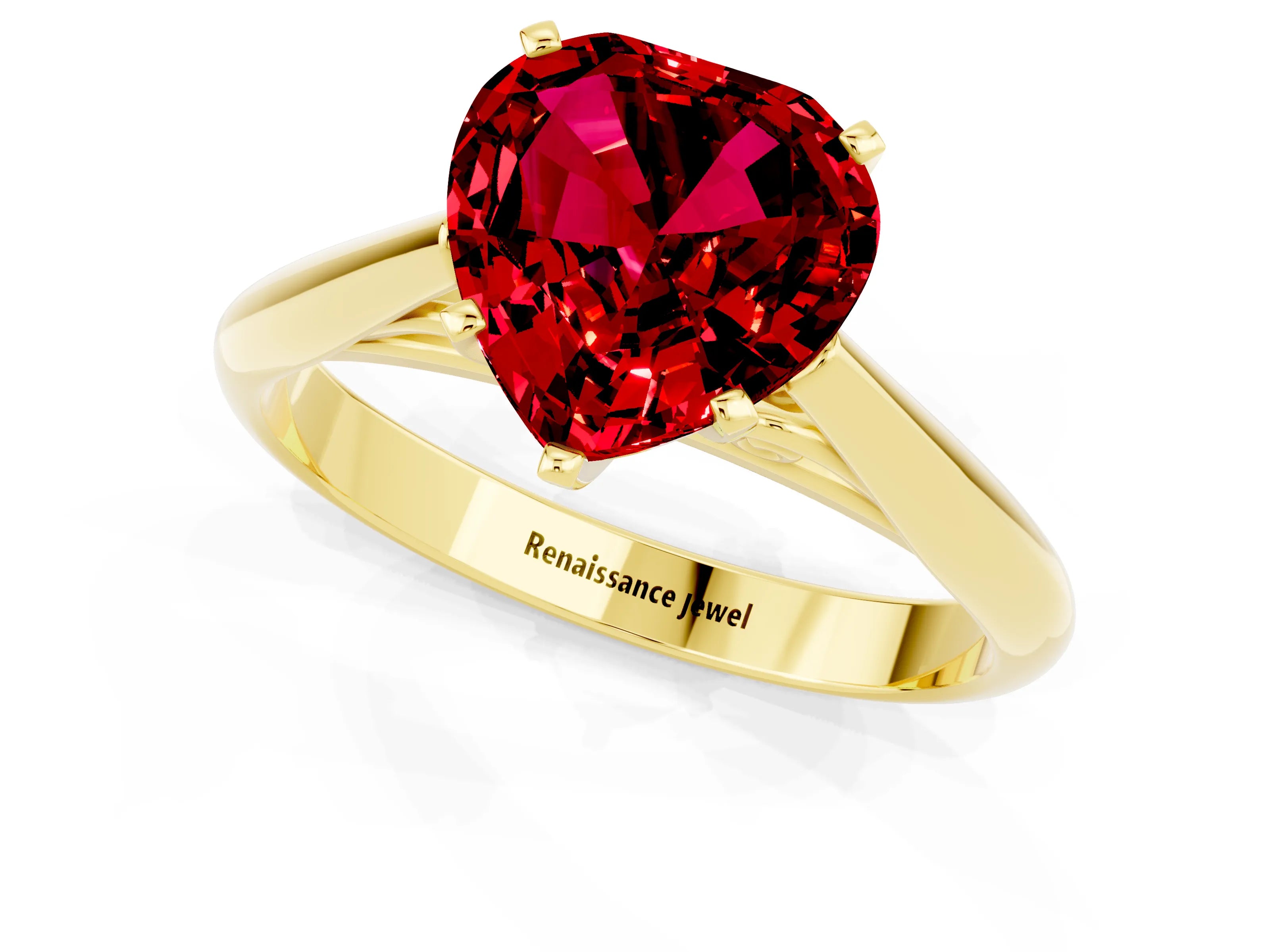 Yellow gold Heart Cut Ruby Solitaire Engagement Ring with Cathedral Setting and Four-Prong Mount_13