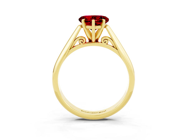 Yellow gold Heart Cut Ruby Solitaire Engagement Ring with Cathedral Setting and Four-Prong Mount