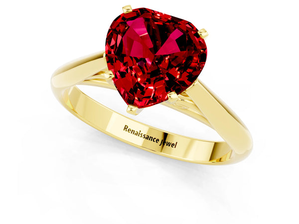 Yellow gold Heart Cut Ruby Solitaire Engagement Ring with Cathedral Setting and Four-Prong Mount