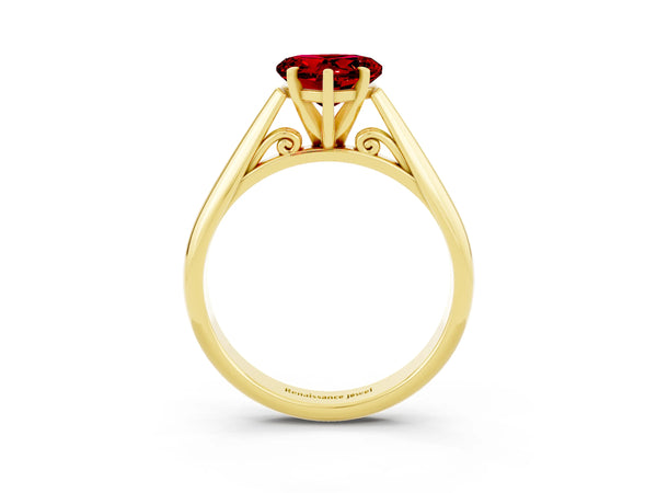 Yellow gold Heart Cut Ruby Solitaire Engagement Ring with Cathedral Setting and Four-Prong Mount