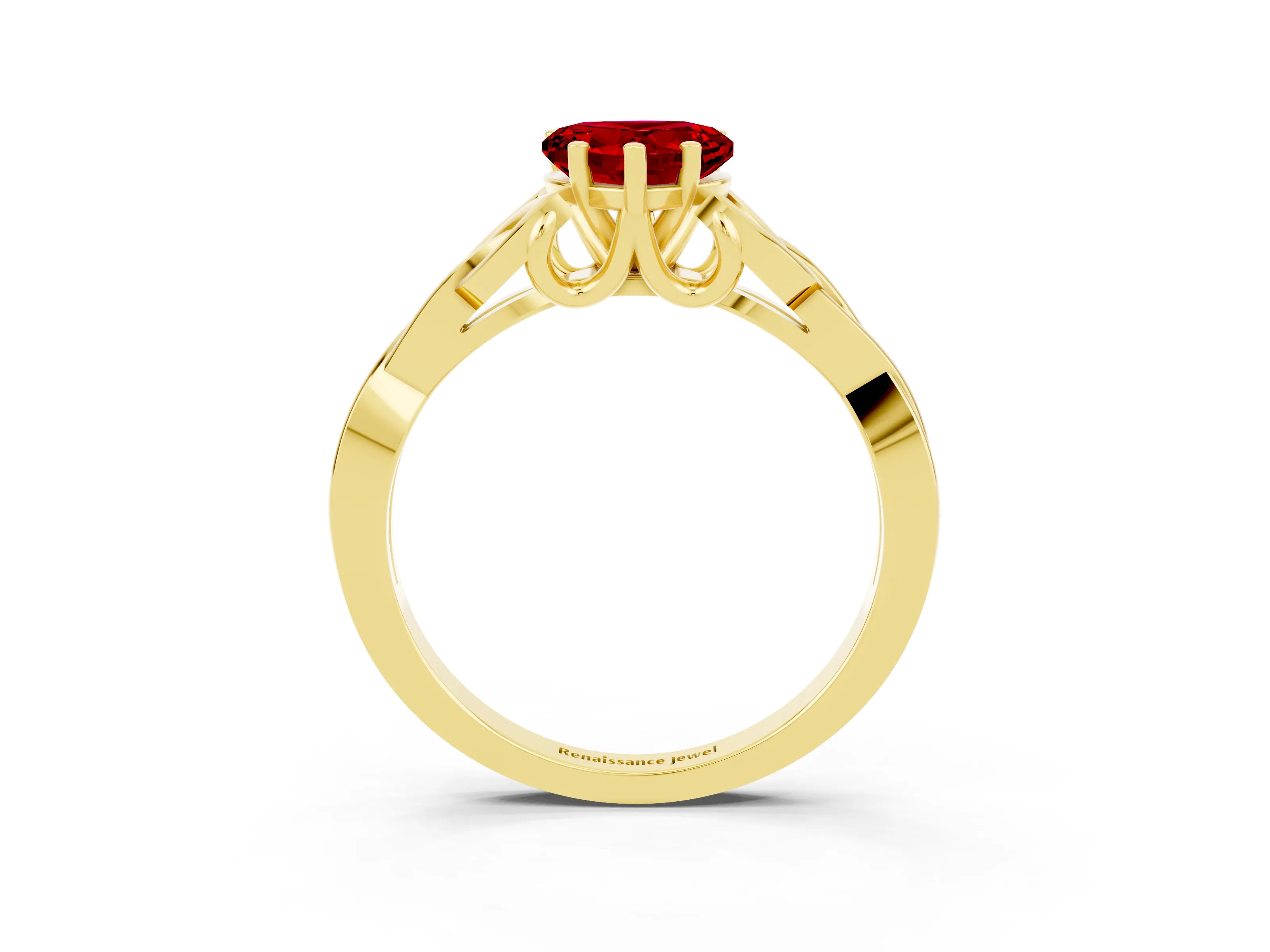 Yellow gold Heart Cut Ruby Solitaire Engagement Ring with Celtic Knot Band and Four-Prong Setting_3