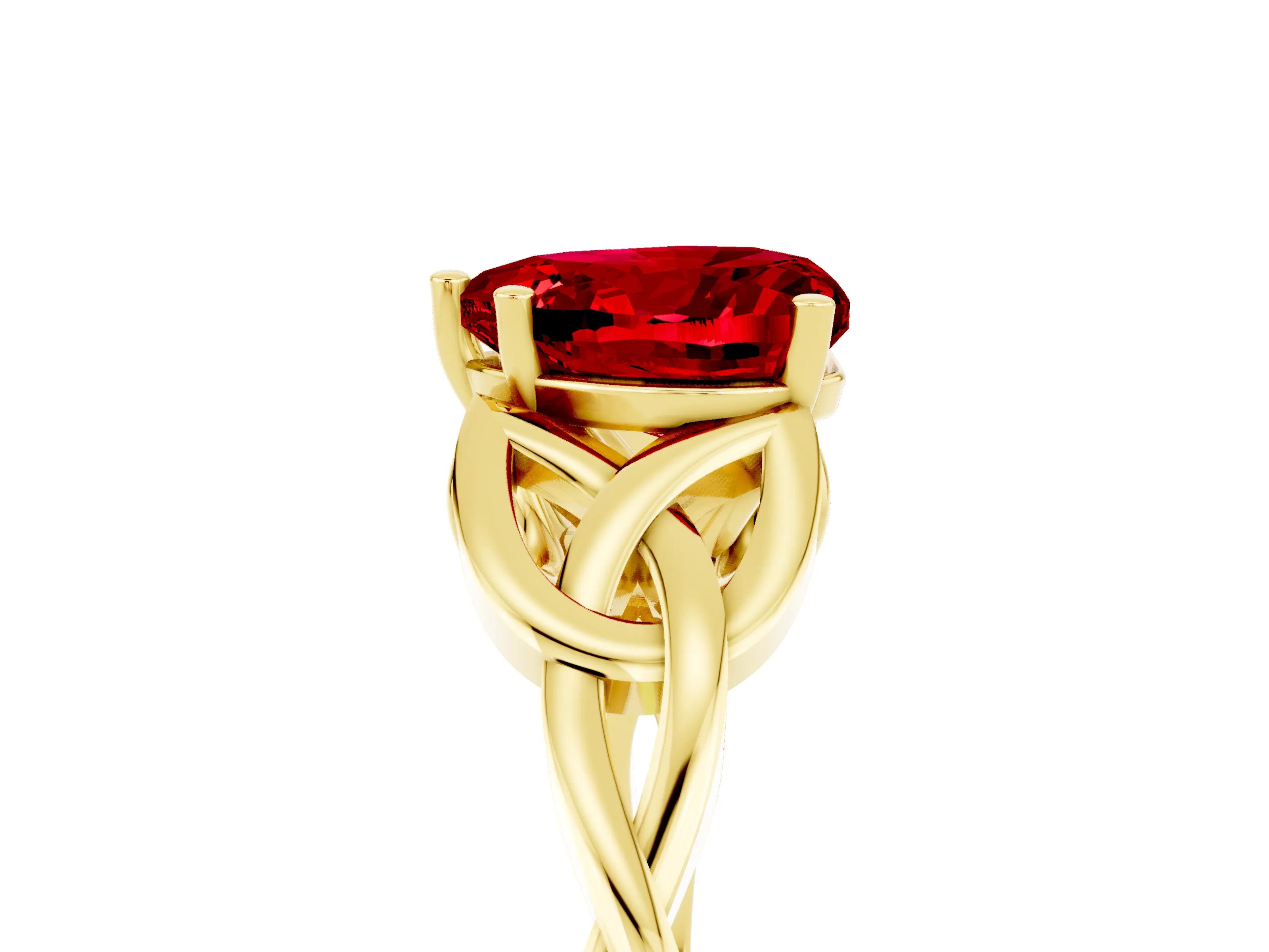 Yellow gold Heart Cut Ruby Solitaire Engagement Ring with Celtic Knot Band and Four-Prong Setting_5