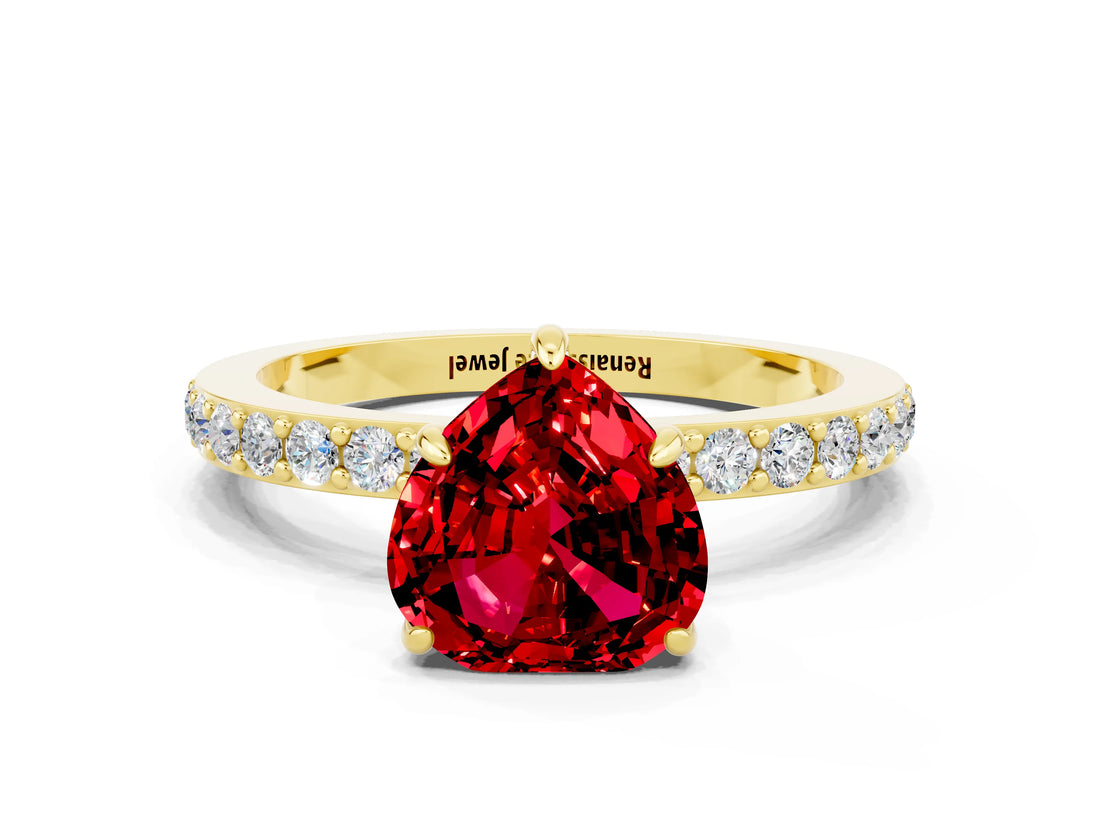 Yellow gold Heart Cut Ruby Solitaire Engagement Ring with Pavé Band and Four-Prong Setting