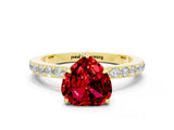 Yellow gold Heart Cut Ruby Solitaire Engagement Ring with Pavé Band and Four-Prong Setting