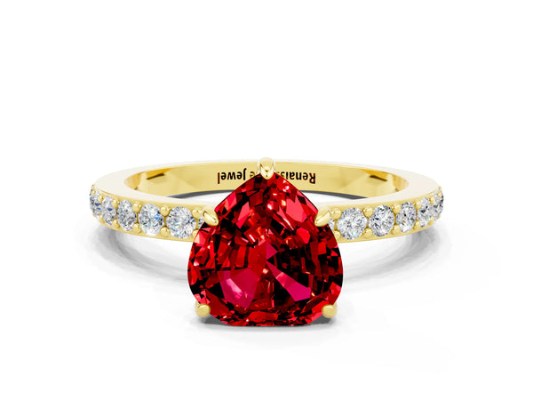 Yellow gold Heart Cut Ruby Solitaire Engagement Ring with Pavé Band and Four-Prong Setting