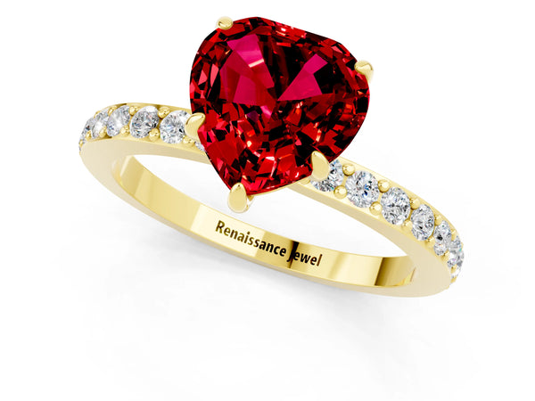 Yellow gold Heart Cut Ruby Solitaire Engagement Ring with Pavé Band and Four-Prong Setting