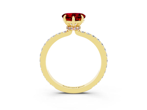 Yellow gold Heart Cut Ruby Solitaire Engagement Ring with Pavé Band and Four-Prong Setting