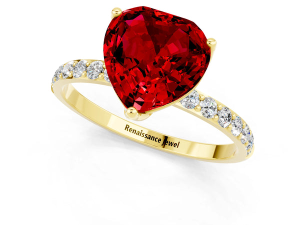 Yellow gold Heart Cut Ruby Solitaire Engagement Ring with Round  Pavé Band and Prong Setting
