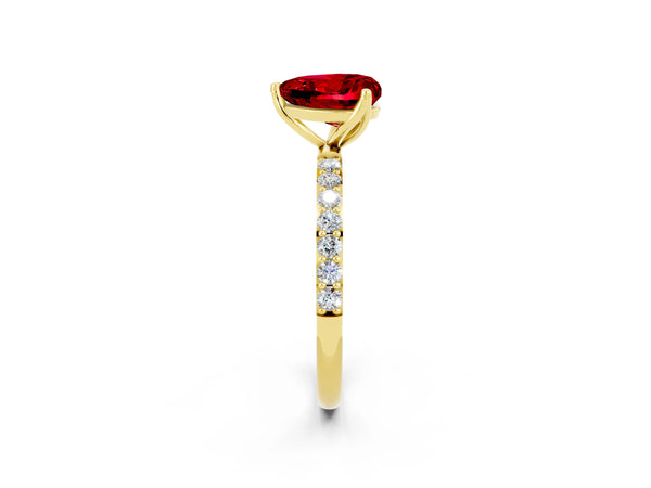 Yellow gold Heart Cut Ruby Solitaire Engagement Ring with Round  Pavé Band and Prong Setting