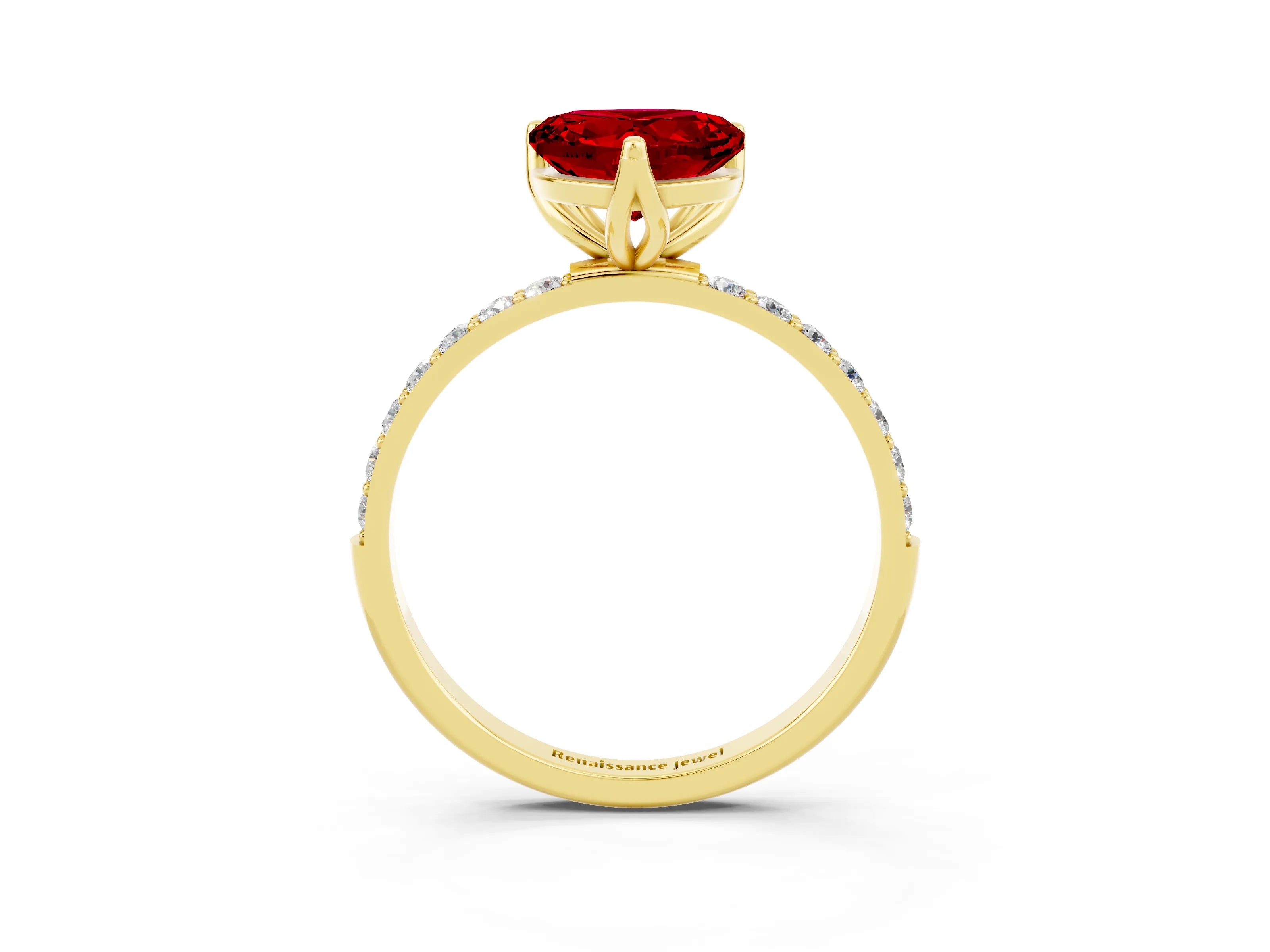 Yellow gold Heart Cut Ruby Solitaire Engagement Ring with Pavé Band and Prong Setting_3