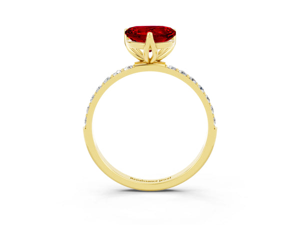 Yellow gold Heart Cut Ruby Solitaire Engagement Ring with Round  Pavé Band and Prong Setting