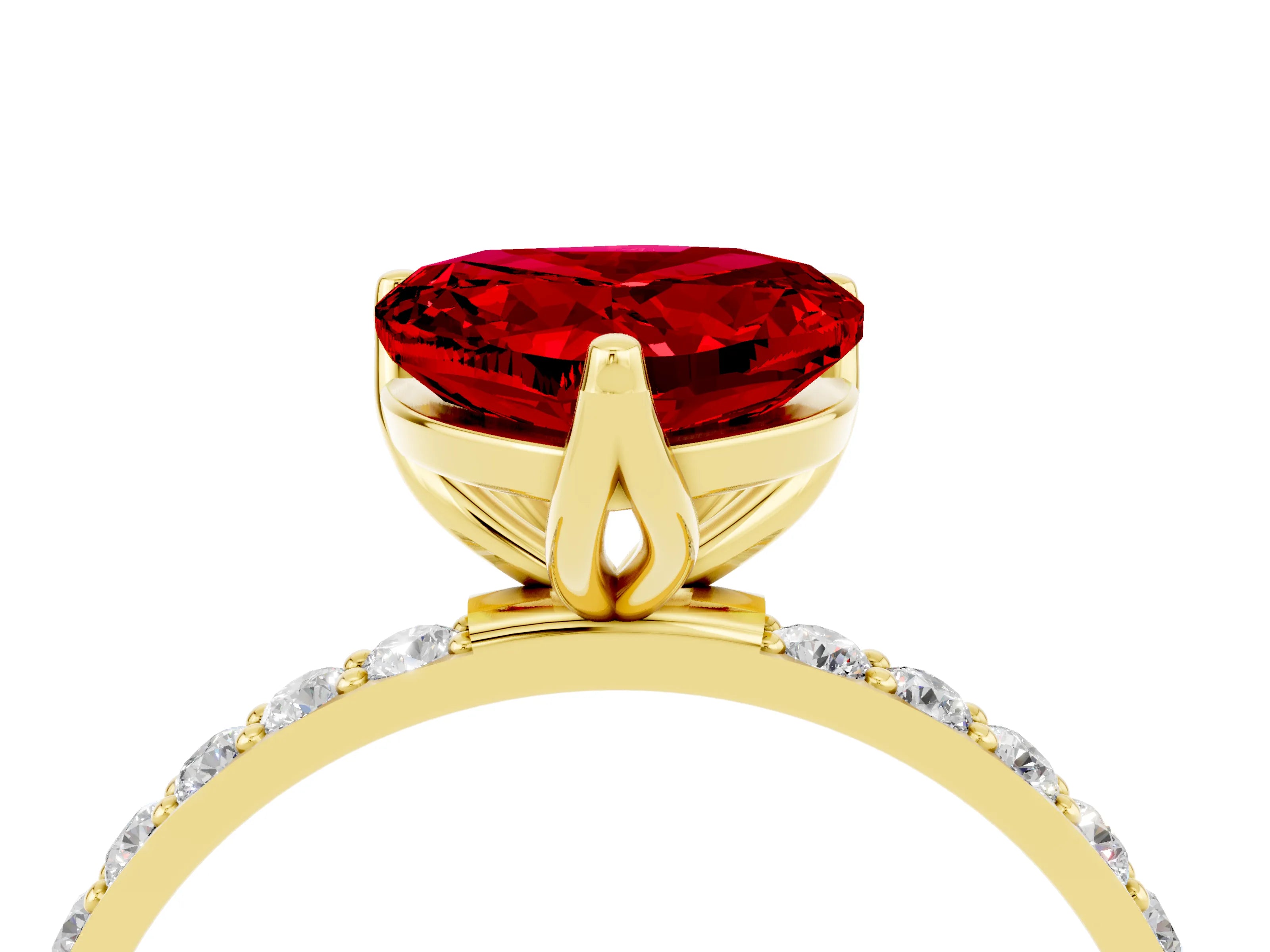 Yellow gold Heart Cut Ruby Solitaire Engagement Ring with Pavé Band and Prong Setting_4