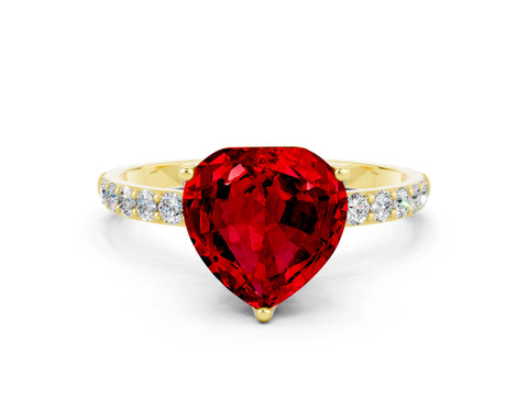 Yellow gold Heart Cut Ruby Solitaire Engagement Ring with Pavé Band and Prong Setting