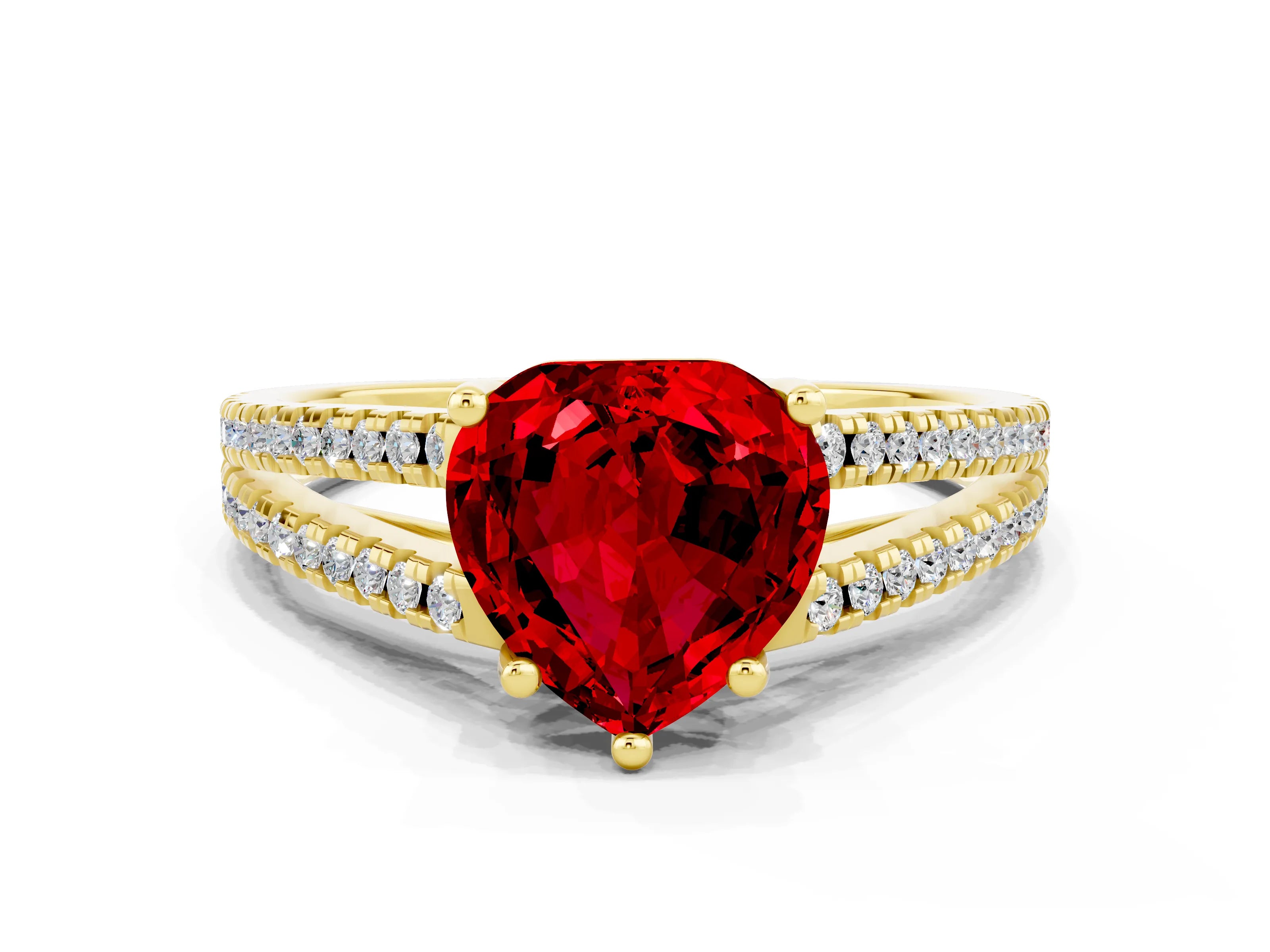 Yellow gold Heart Cut Ruby Solitaire Engagement Ring with Split Shank Pavé Band