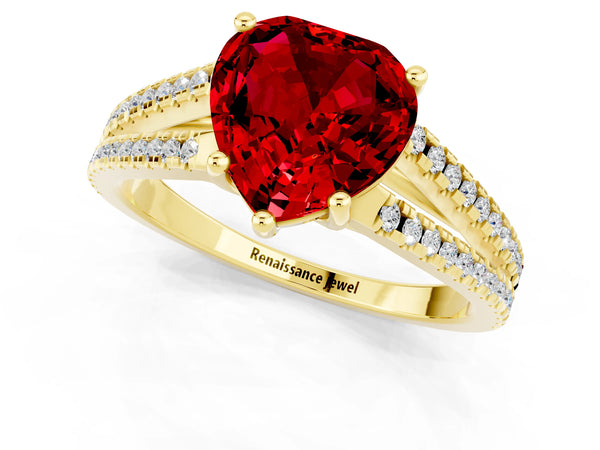 Yellow gold Heart Cut Ruby Solitaire Engagement Ring with Split Shank Pavé Band