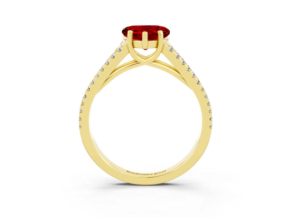 Yellow gold Heart Cut Ruby Solitaire Engagement Ring with Split Shank Pavé Band