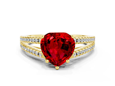 Yellow gold Heart Cut Ruby Solitaire Engagement Ring with Split Shank Pavé Band
