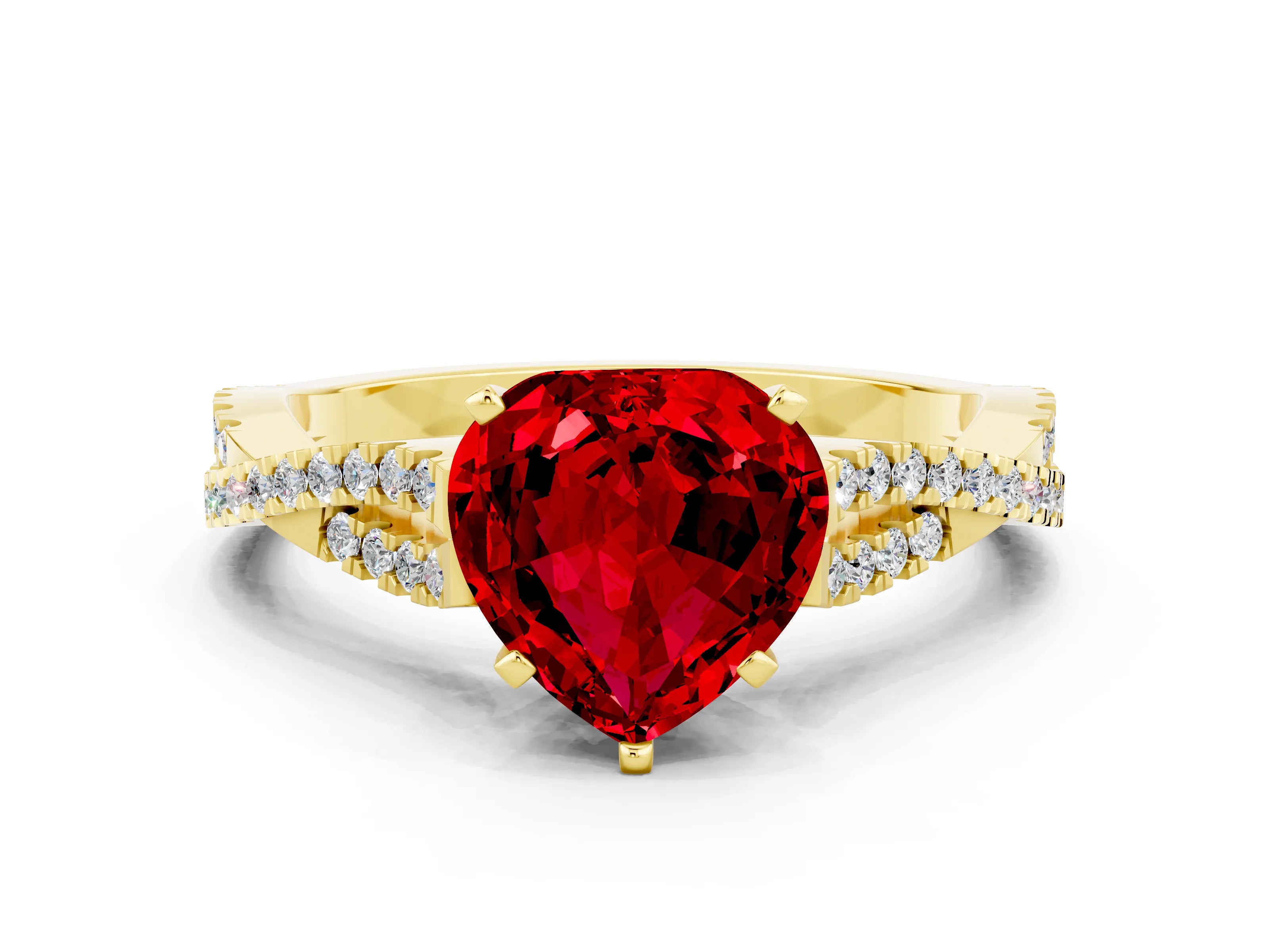 Yellow gold Heart Cut Ruby Solitaire Engagement Ring with Twisted Pavé Band and Four-Prong Setting_12