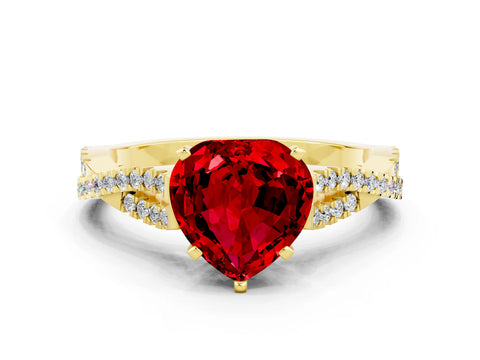 Yellow gold Heart Cut Ruby Solitaire Engagement Ring with Twisted Pavé Band and Four-Prong Setting_12