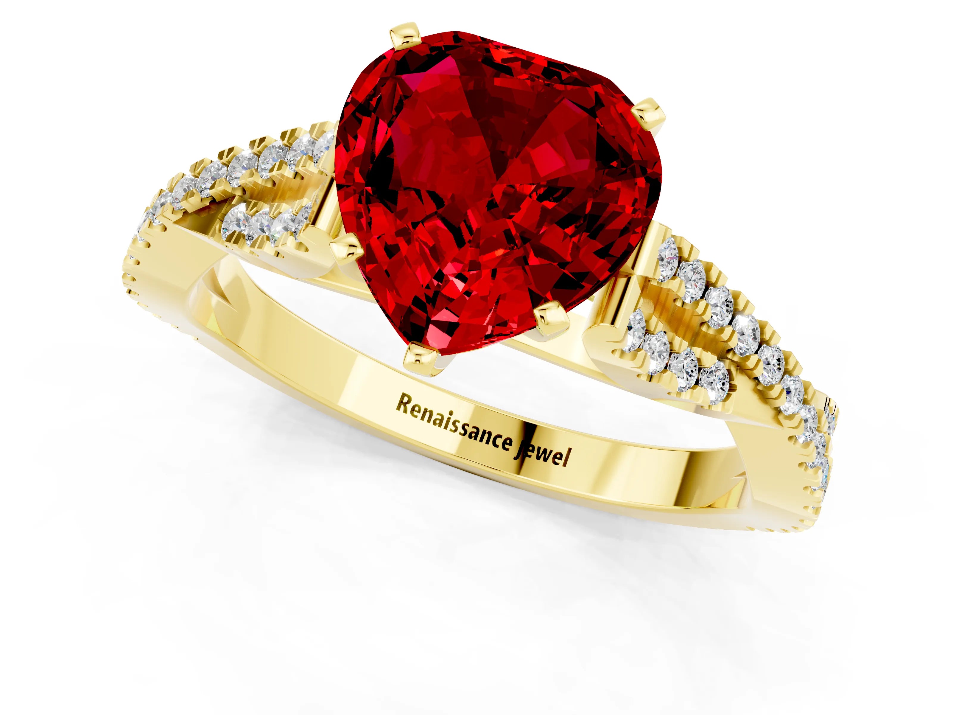 Yellow gold Heart Cut Ruby Solitaire Engagement Ring with Twisted Pavé Band and Four-Prong Setting_13