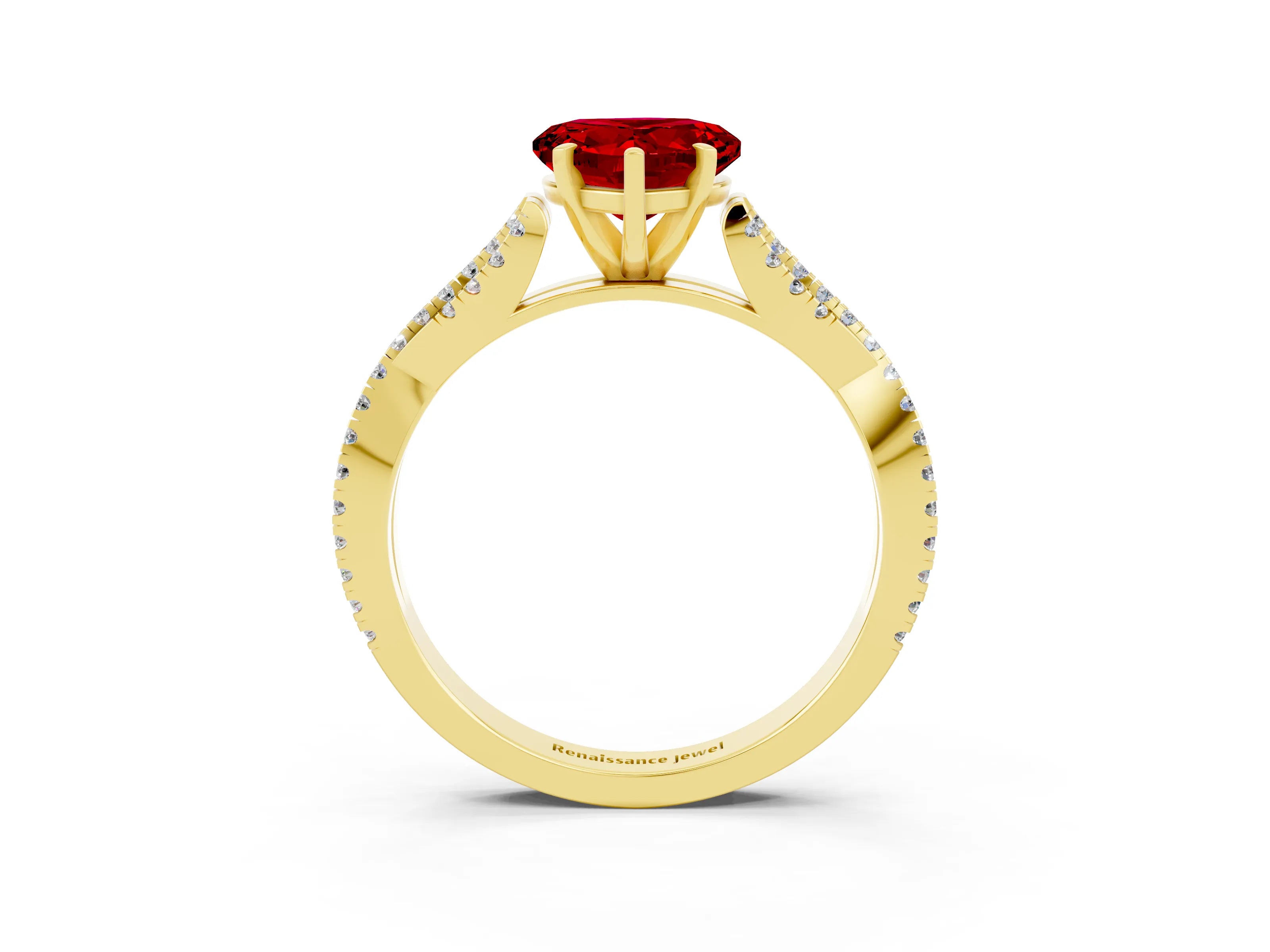 Yellow gold Heart Cut Ruby Solitaire Engagement Ring with Twisted Pavé Band and Four-Prong Setting_15