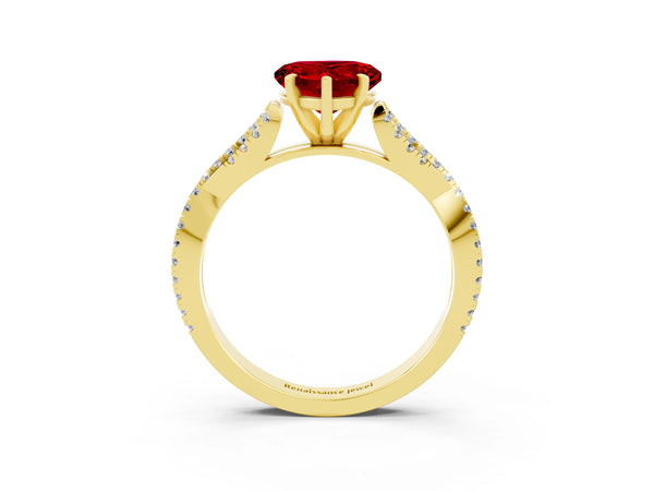 Yellow gold Heart Cut Ruby Solitaire Engagement Ring with Twisted Pavé Band and Four-Prong Setting