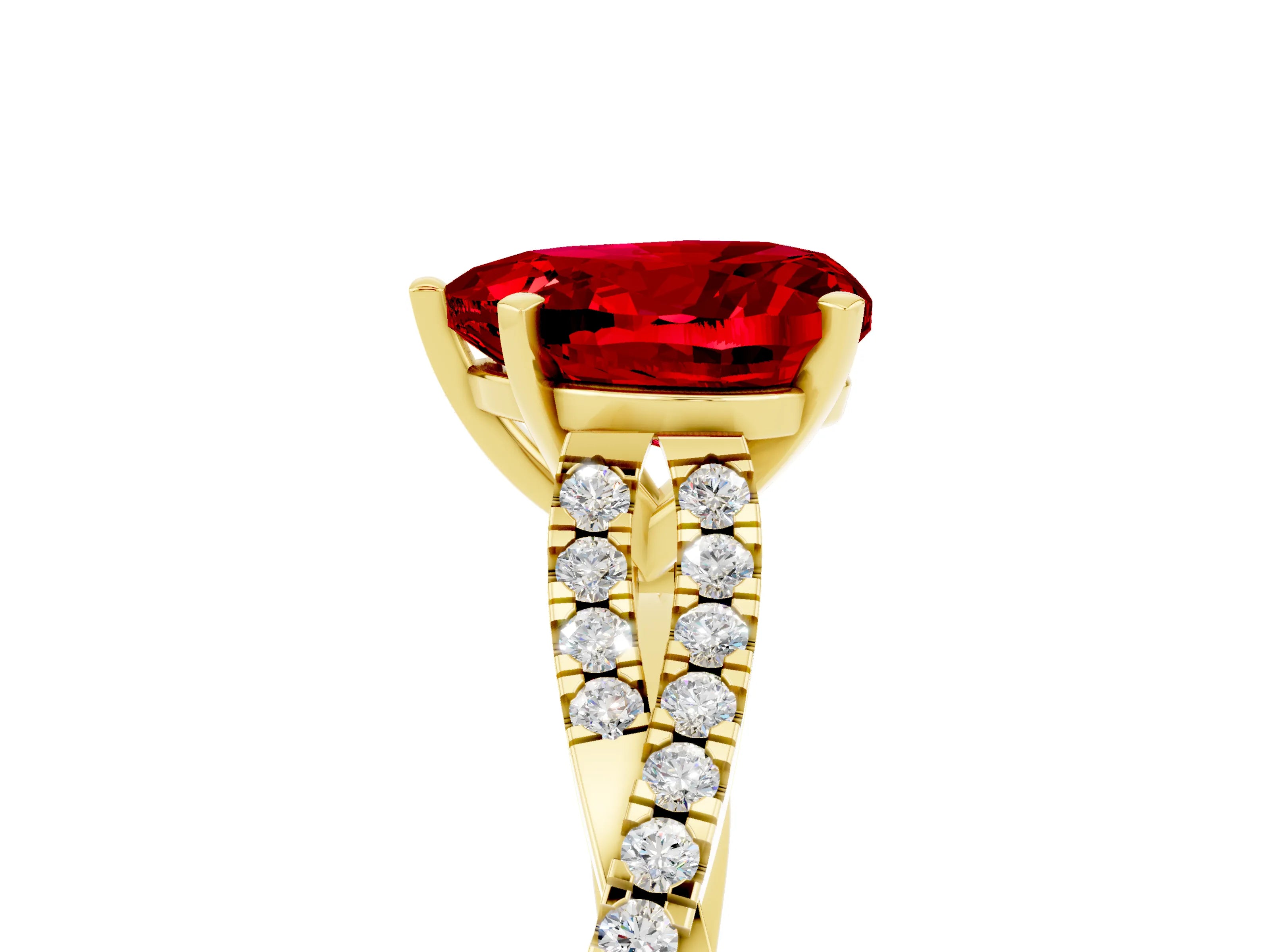Yellow gold Heart Cut Ruby Solitaire Engagement Ring with Twisted Pavé Band and Four-Prong Setting_17