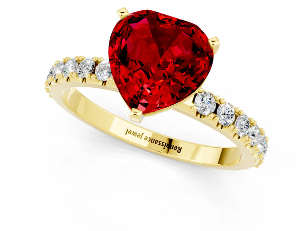 Yellow gold Heart Cut Ruby Solitaire Pavé Band with Four-Prong Setting
