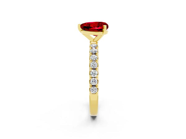 Yellow gold Heart Cut Ruby Solitaire Pavé Band with Four-Prong Setting