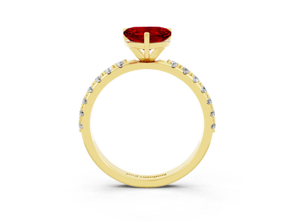 Yellow gold Heart Cut Ruby Solitaire Pavé Band with Four-Prong Setting