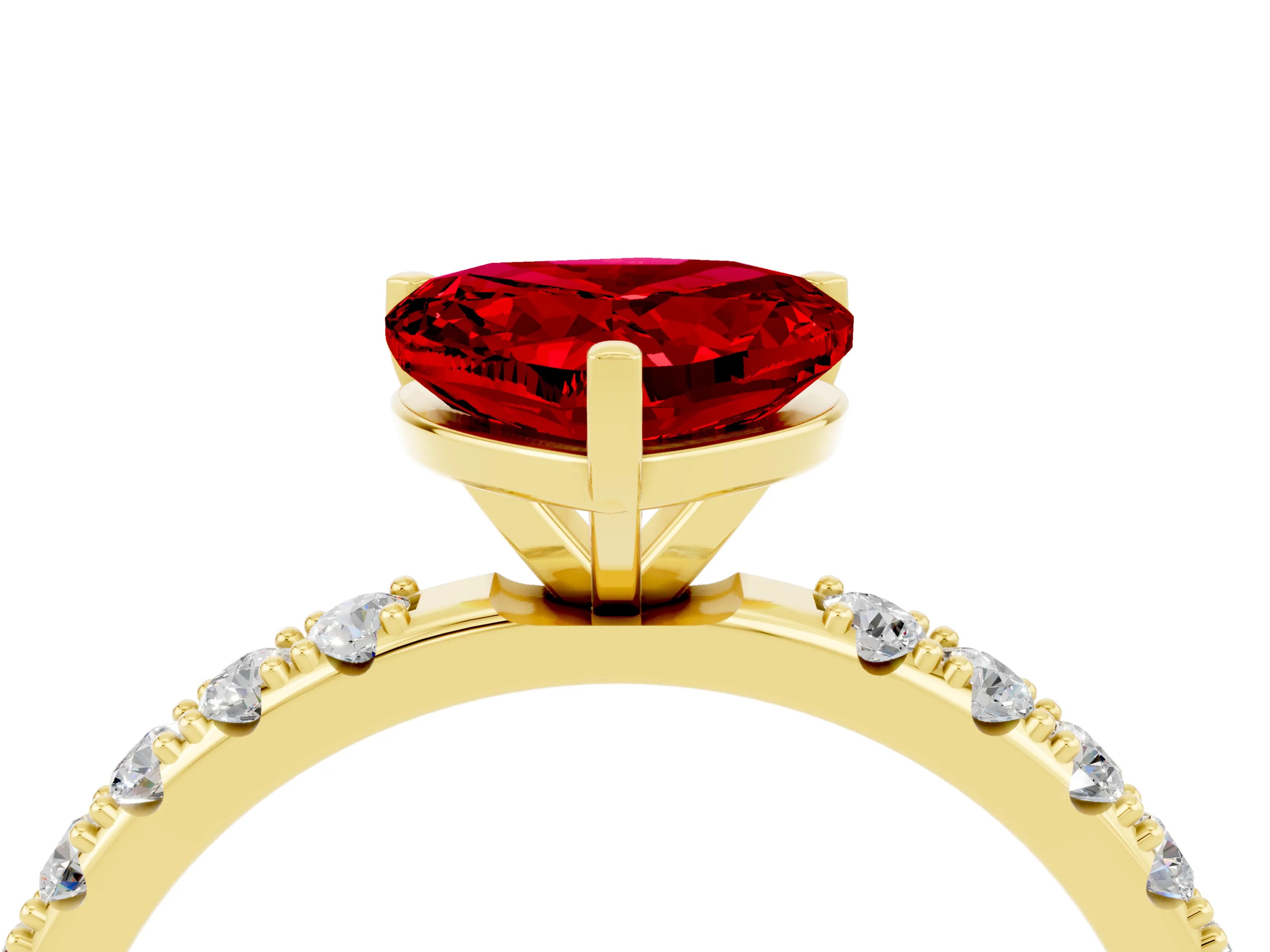Yellow gold Heart Cut Ruby Solitaire Pavé Band with Four-Prong Setting_4