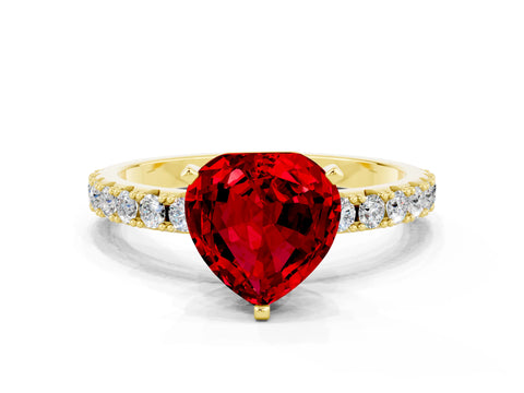 Yellow gold Heart Cut Ruby Solitaire Pavé Band with Four-Prong Setting