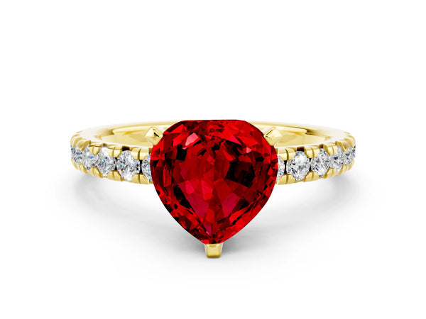 Yellow gold Heart Cut Ruby Solitaire Pavé Engagement Ring with Round Band and Prong Setting