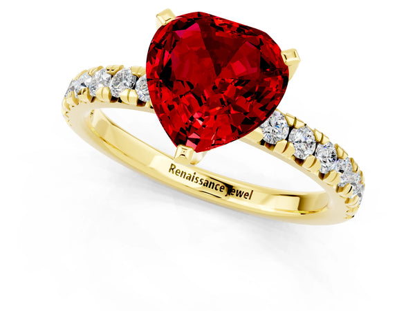 Yellow gold Heart Cut Ruby Solitaire Pavé Engagement Ring with Round Band and Prong Setting