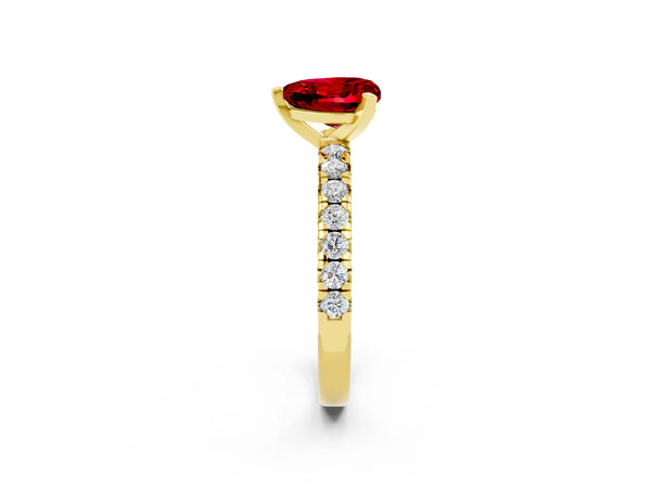 Yellow gold Heart Cut Ruby Solitaire Pavé Engagement Ring with Round Band and Prong Setting