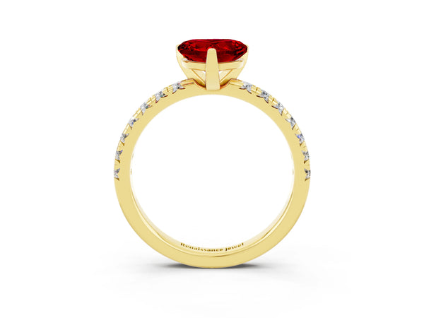 Yellow gold Heart Cut Ruby Solitaire Pavé Engagement Ring with Round Band and Prong Setting