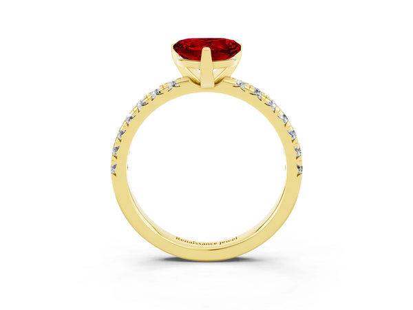 Yellow Gold Heart-Shaped Lab-Grown Ruby Solitaire Engagement Ring with Large Round Accent Band