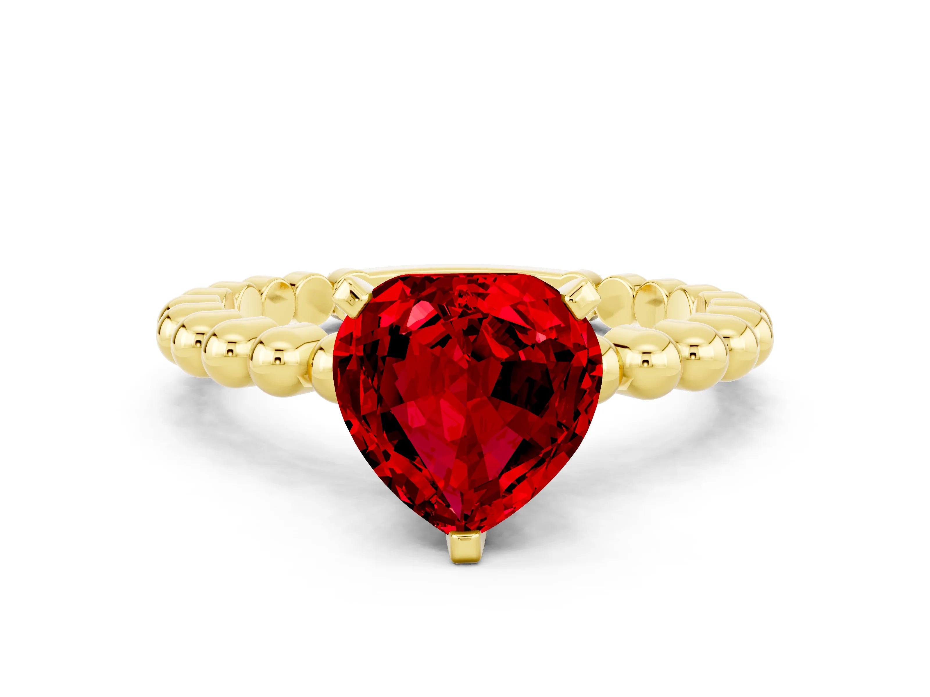 Yellow gold Heart Cut Ruby Solitaire Ring with Beaded Band and Prong Setting