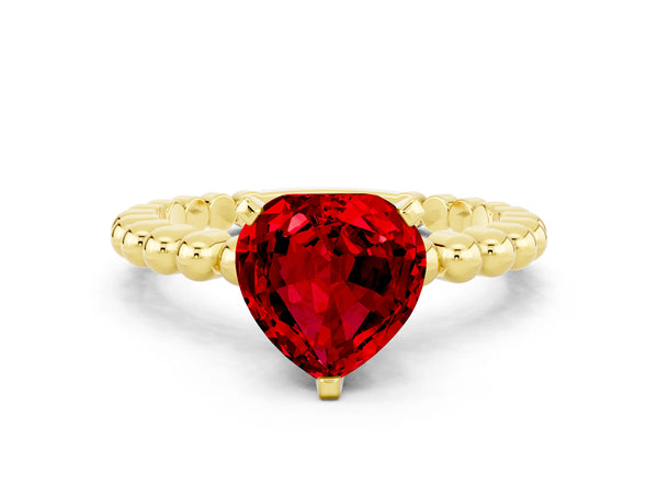 Yellow gold Heart Cut Ruby Solitaire Ring with Beaded Band and Prong Setting