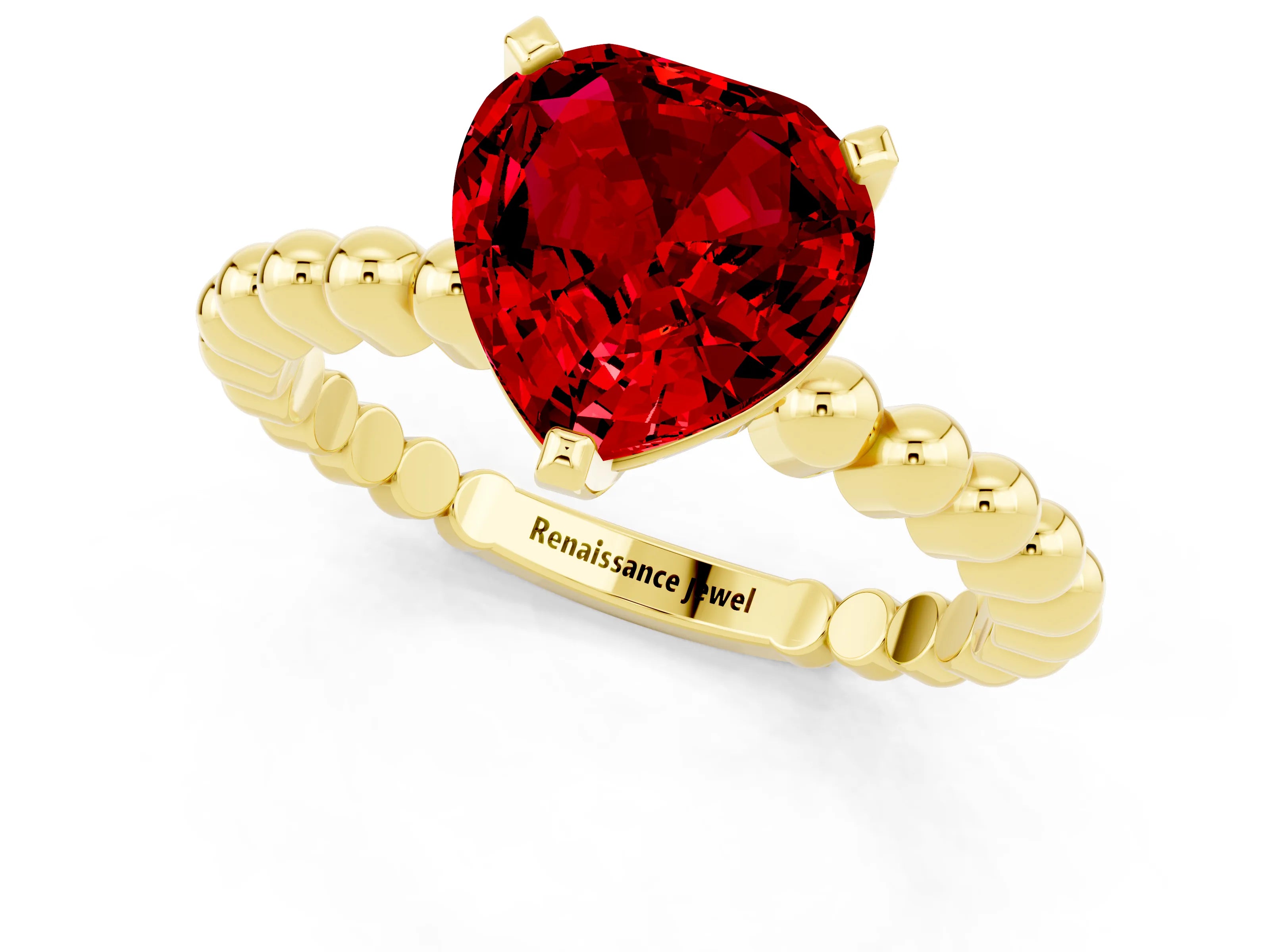 Yellow gold Heart Cut Ruby Solitaire Ring with Beaded Band and Prong Setting_1