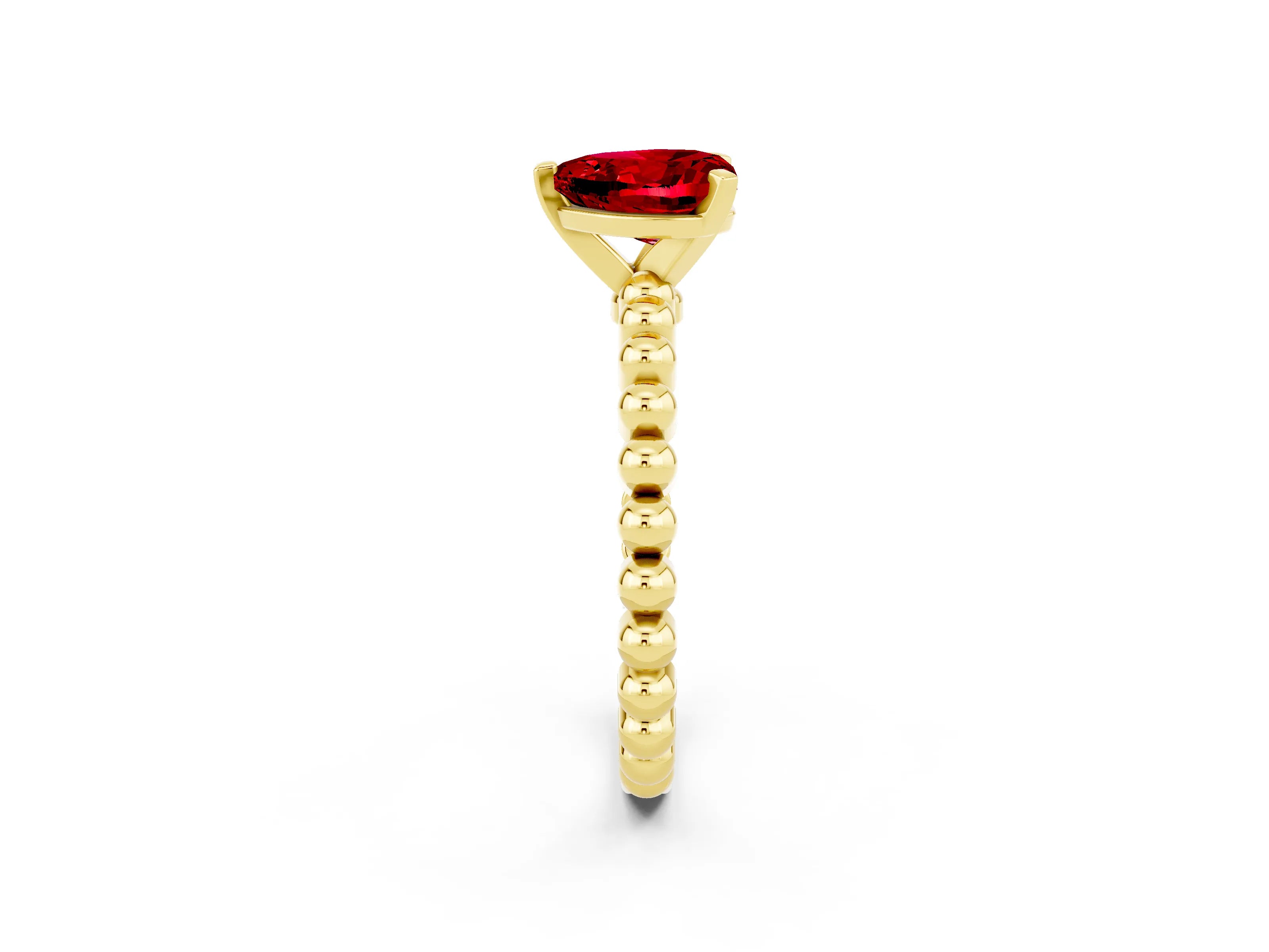 Yellow gold Heart Cut Ruby Solitaire Ring with Beaded Band and Prong Setting_2