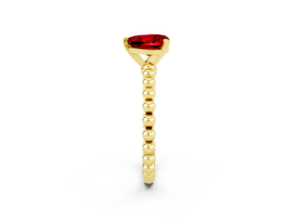 Yellow gold Heart Cut Ruby Solitaire Ring with Beaded Band and Prong Setting