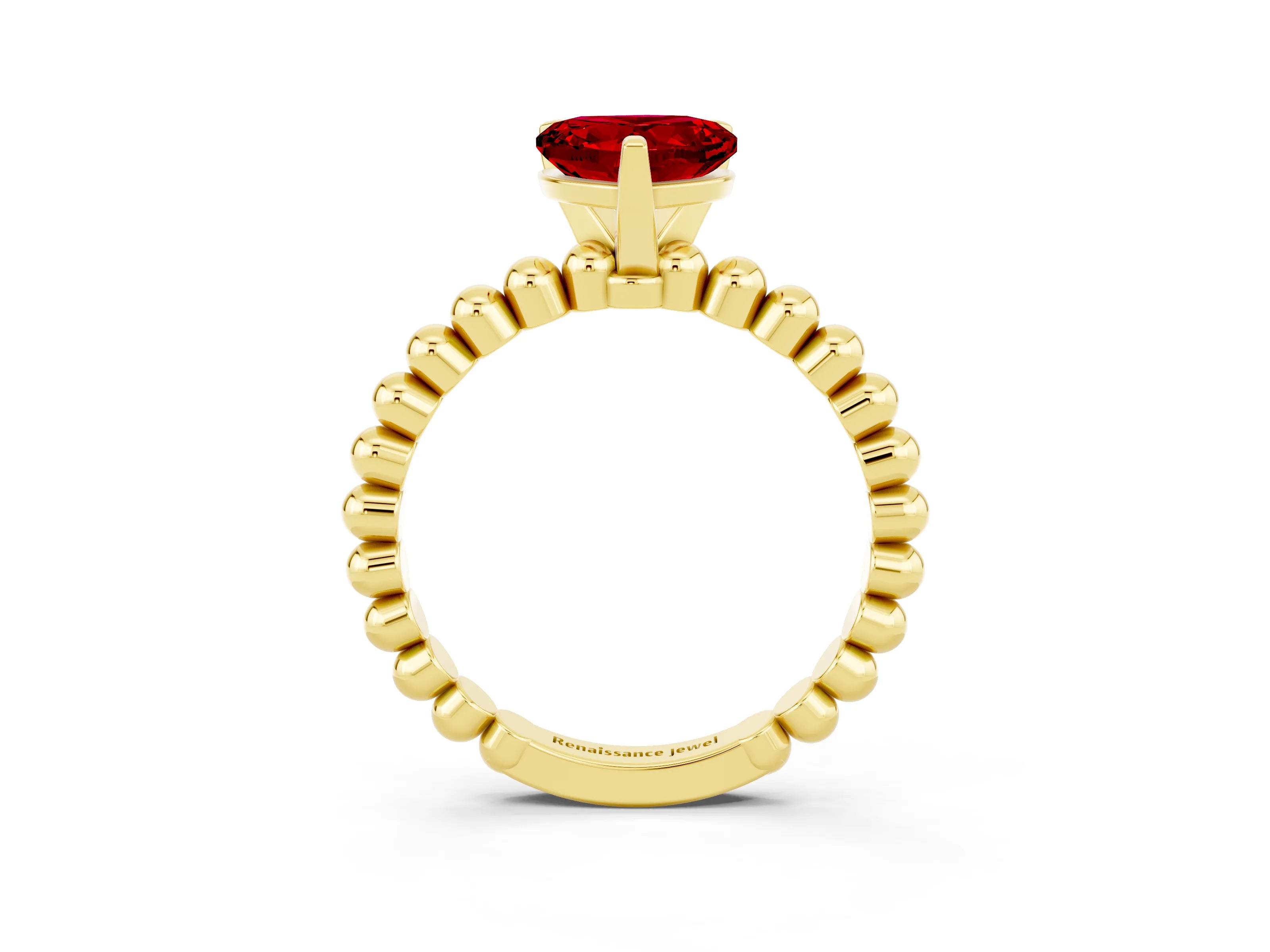 Yellow gold Heart Cut Ruby Solitaire Ring with Beaded Band and Prong Setting_3