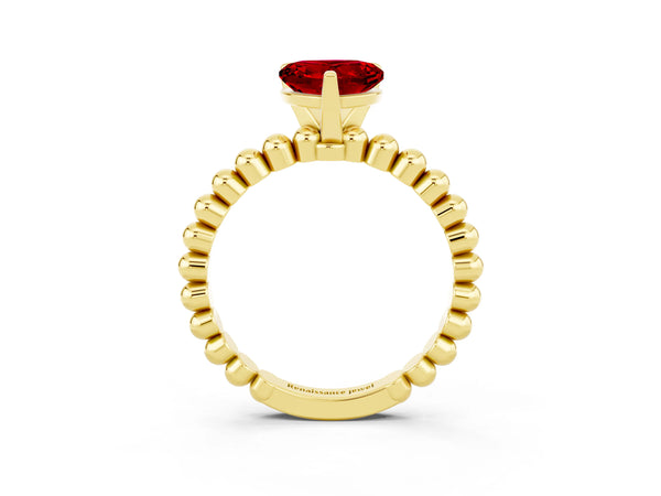 Yellow gold Heart Cut Ruby Solitaire Ring with Beaded Band and Prong Setting