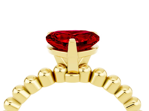 Yellow gold Heart Cut Ruby Solitaire Ring with Beaded Band and Prong Setting_4