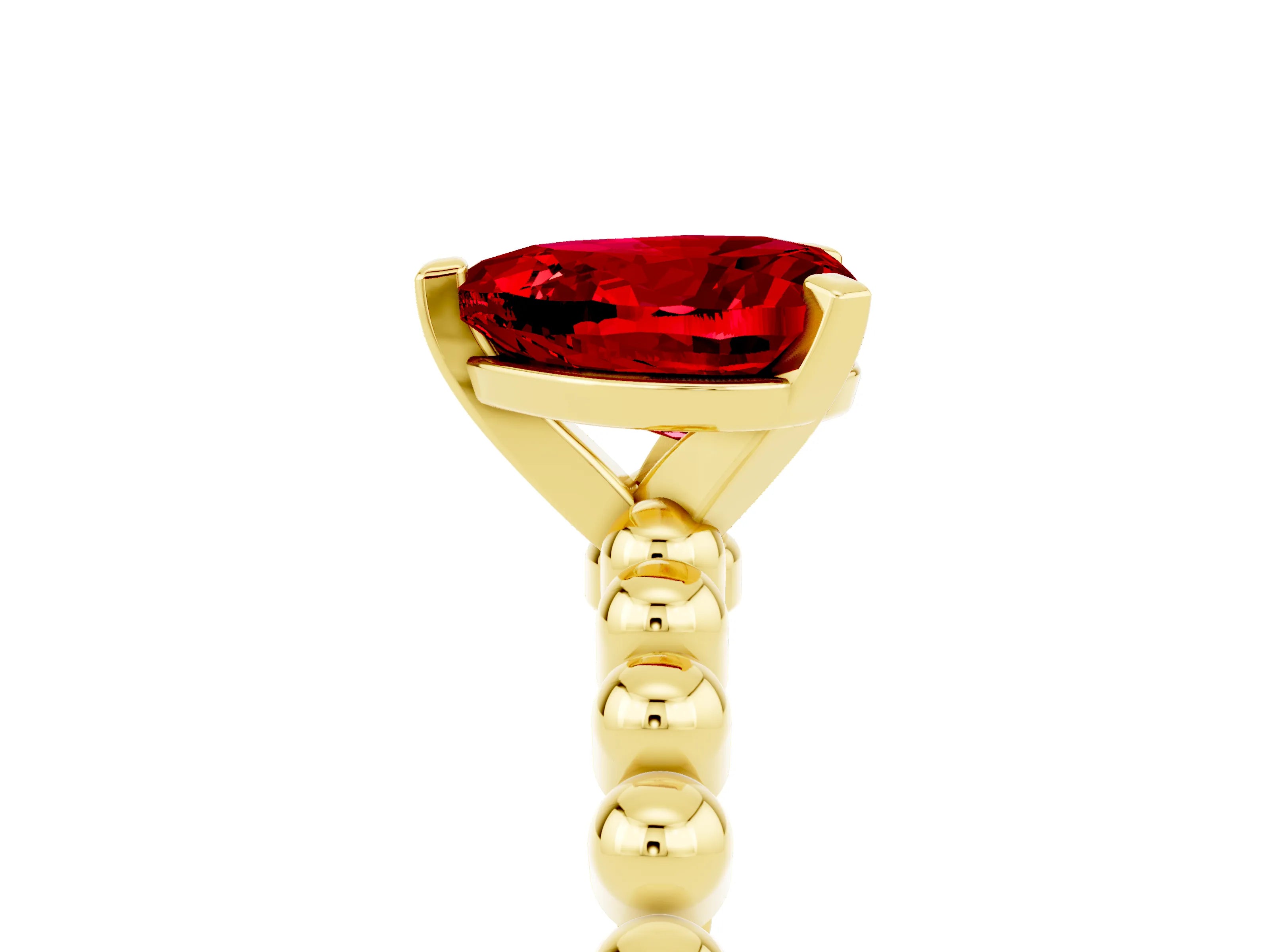 Yellow gold Heart Cut Ruby Solitaire Ring with Beaded Band and Prong Setting_5