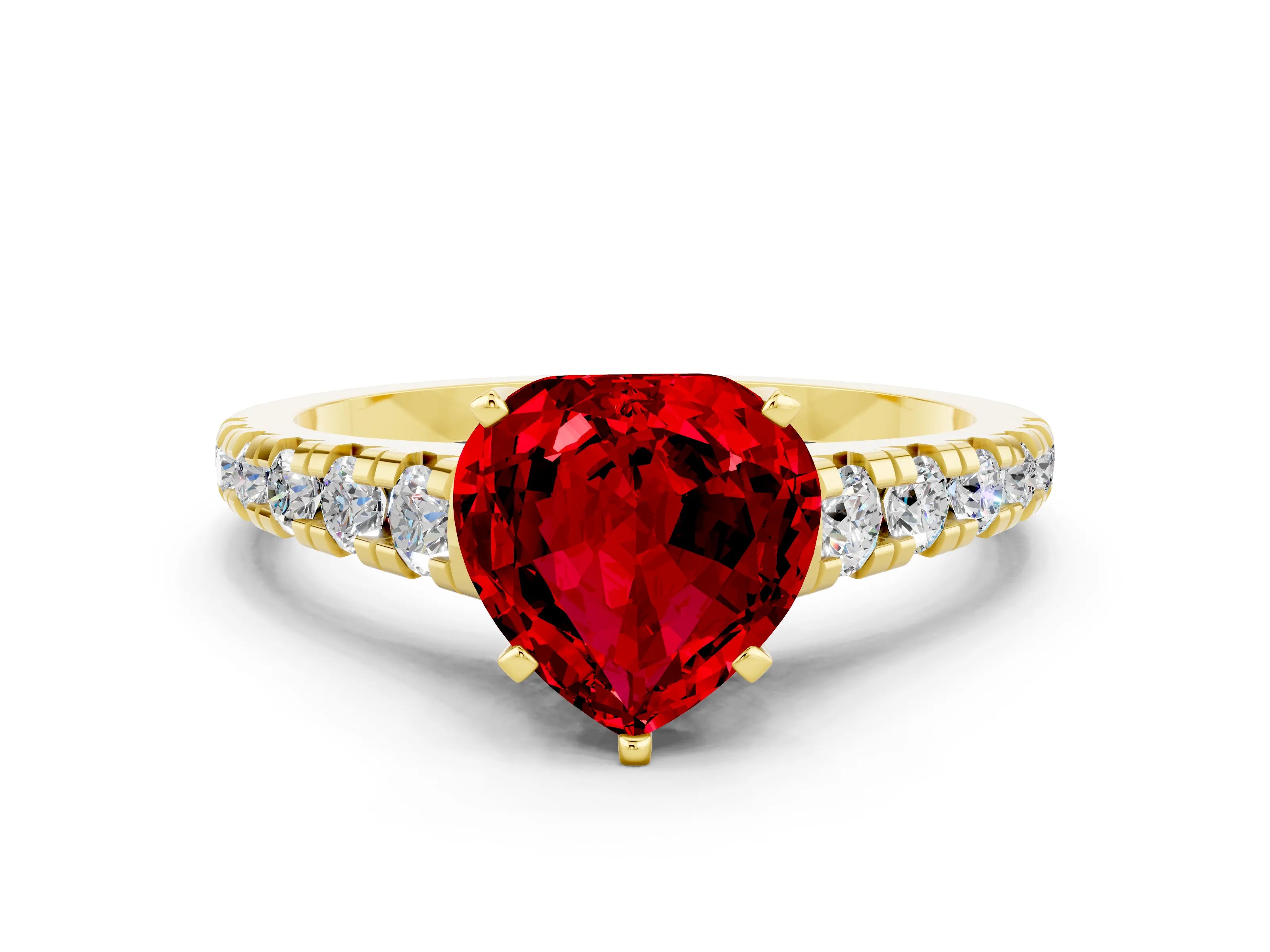 Yellow gold Heart Cut Ruby Solitaire Ring with Cathedral Setting and Pavé Band