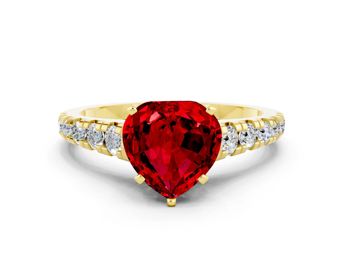 Yellow gold Heart Cut Ruby Solitaire Ring with Cathedral Setting and Pavé Band