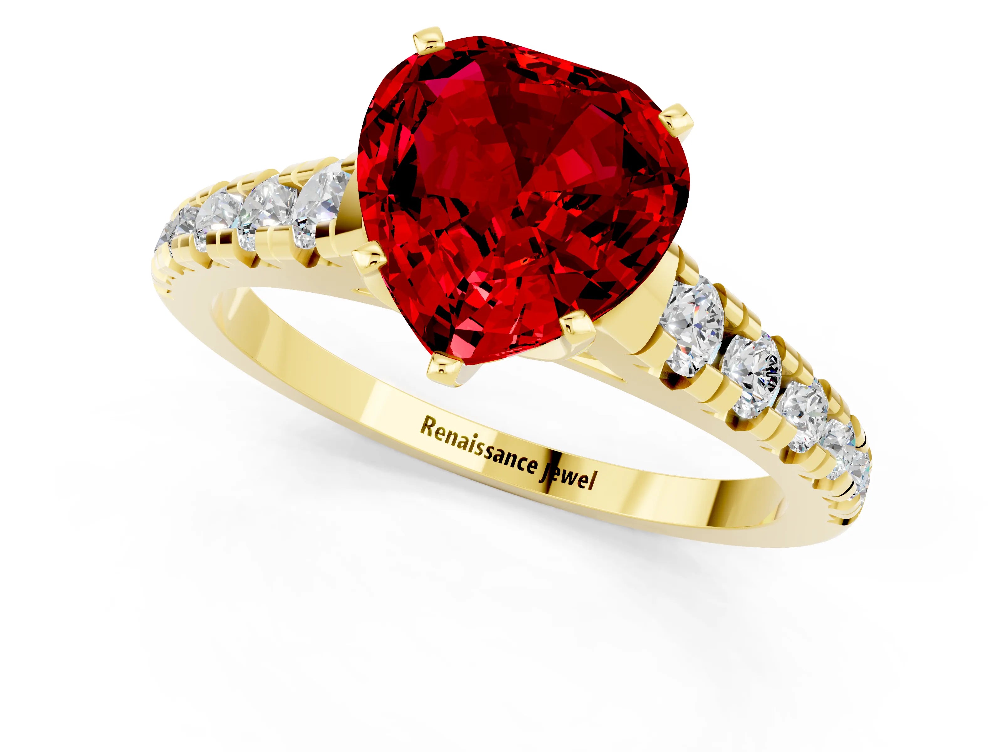 Yellow gold Heart Cut Ruby Solitaire Ring with Cathedral Setting and Pavé Band_1